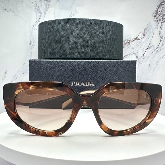 NEW PRADA Sunglasses Brown Tortoise Caramel Gold Symbole Oval Cat Eye Womens